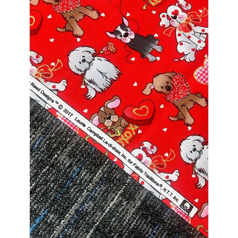 Valentine Love Pups on Red Quilting Fabric by Patti Reed, Dogs with Gold Accents